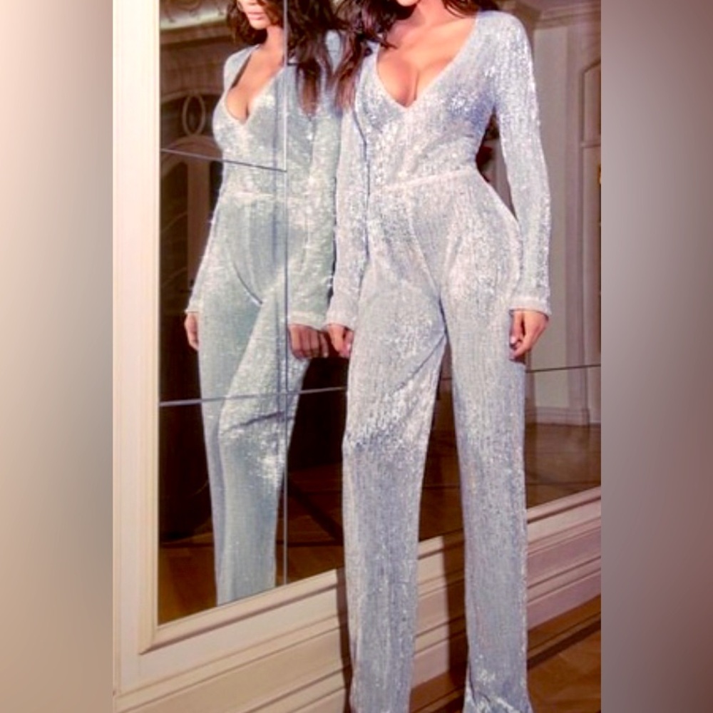 Sparkling Silver V-Neck Sequin Jumpsuit